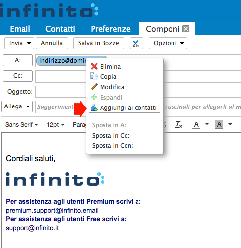 aggiungere contatto direttamente dalla webmail di Infinito
