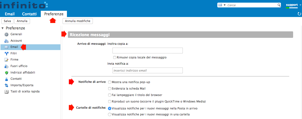 Impostare gli avvisi sul desktop per l'arrivo di nuove email su webmail Infinito